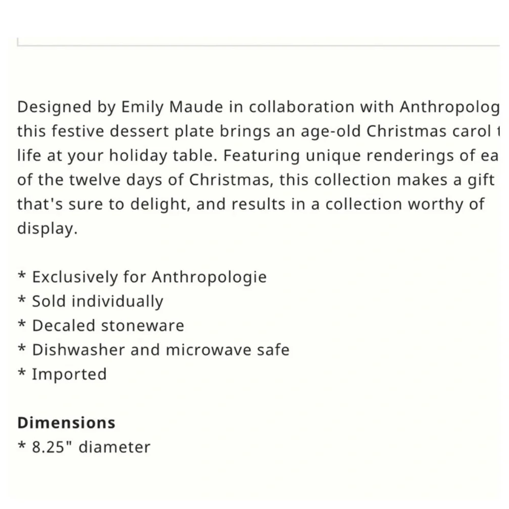 NIB Anthropologie Emily Maude 12 Days of Christmas 6 Geese Laying Dessert Plate